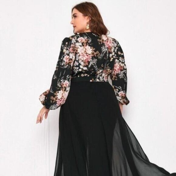 NEW Plus Floral Print Lantern Sleeve Wide Leg Jumpsuit With Skirt Women's Size 2 - Picture 13 of 13